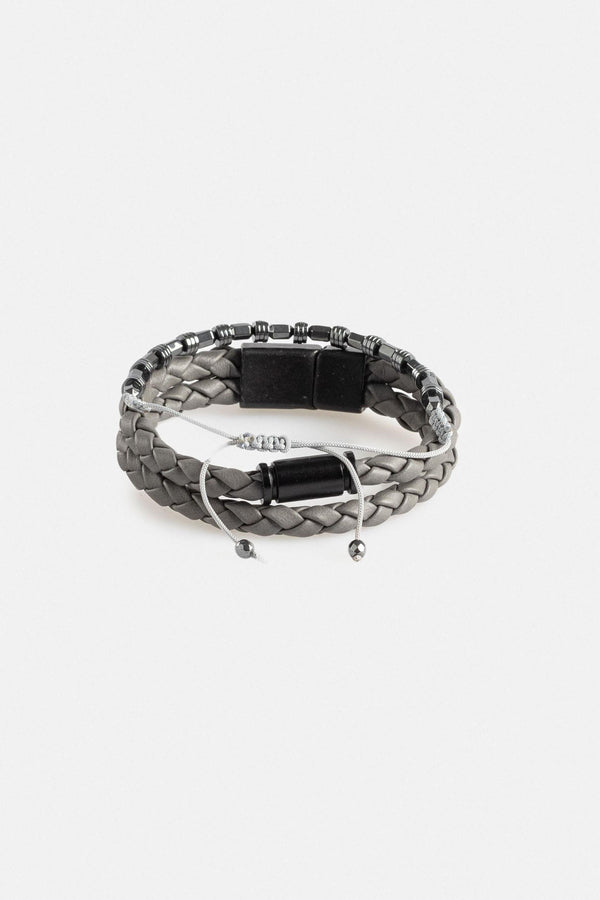 Avva  Bracelet Gray Leather and Stone 2-Piece