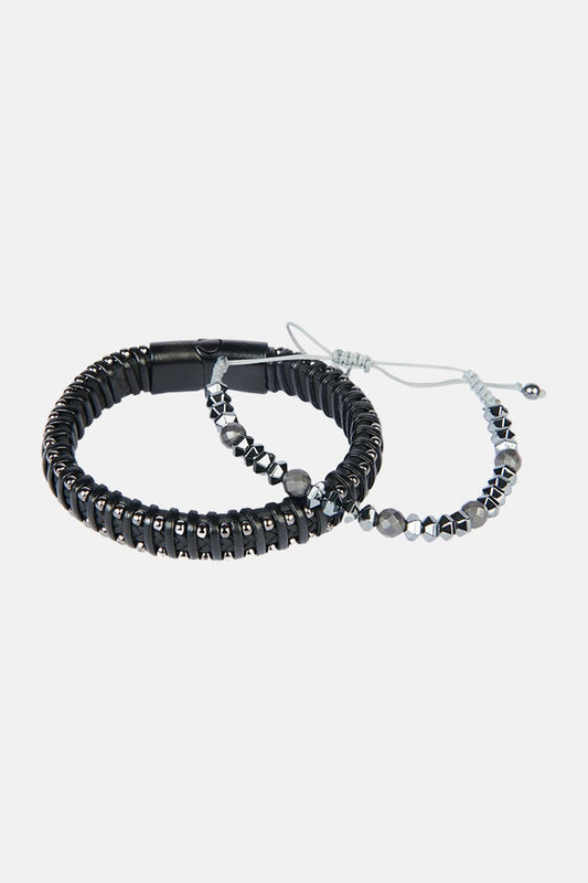 Avva  Bracelet Black Leather and Stone 2-Piece